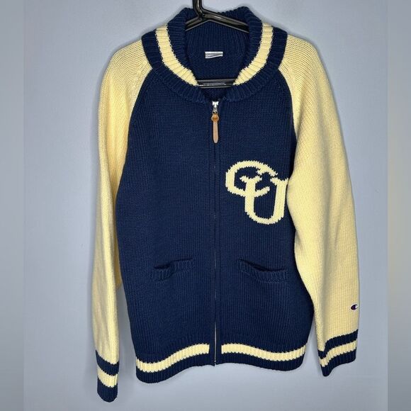 Champion Japan C8-A606 Varsity Knit Zip Jacket Navy Wool Blend Unisex Rare - Picture 1 of 10